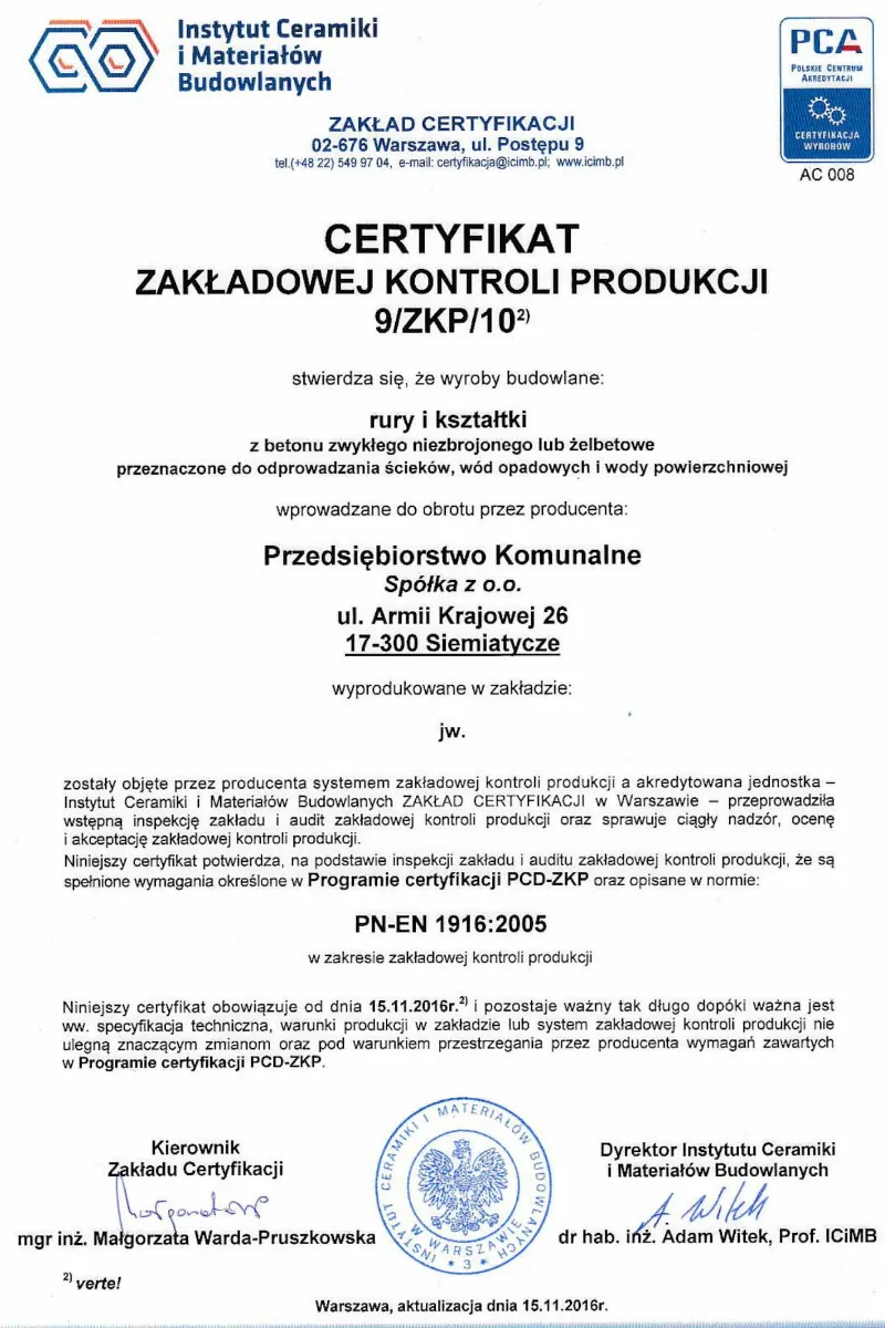 Certyfikat zakładowej kontroli produkcji 9/ZKP/10