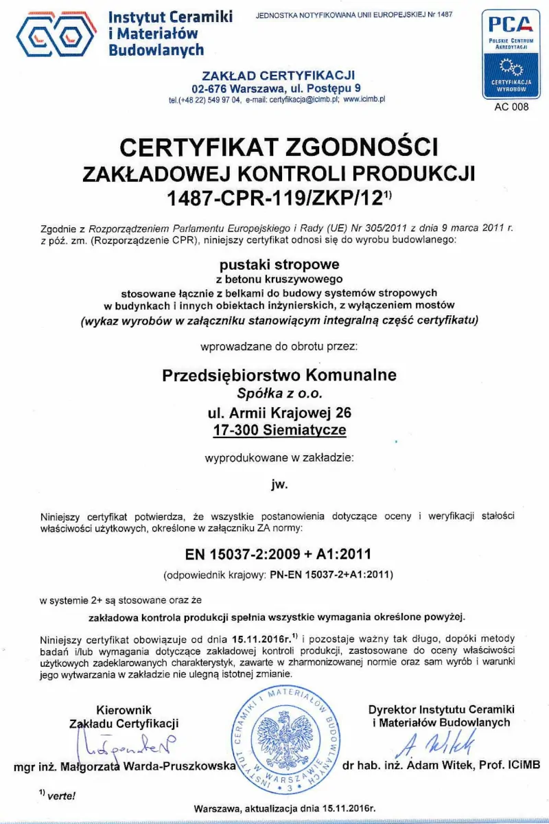 Certyfikat zgodności zakładowej kontroli produkcji 1487-CPR-119/ZKP/12