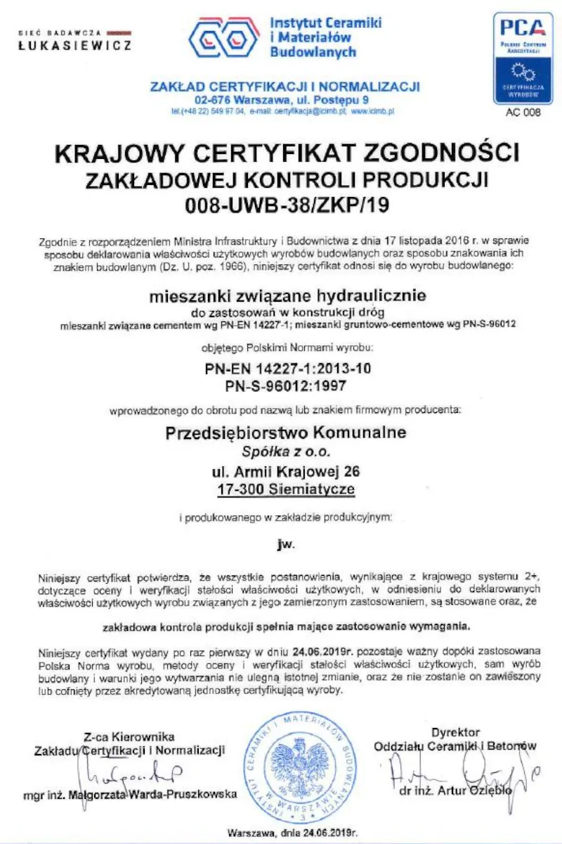 Krajowy certyfikat zgodności zakładowej kontroli produkcji 008-UWB-38/ZKP/19
